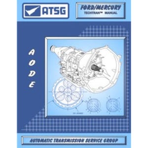 May include: A blue and white manual titled "FORD/MERCURY TECHTRAN MANUAL" by ATSG. The cover features a blueprint-style illustration of an automatic transmission. The text "AODE" is vertically aligned on the left side of the cover. The bottom of the cover reads "AUTOMATIC TRANSMISSION SERVICE GROUP."