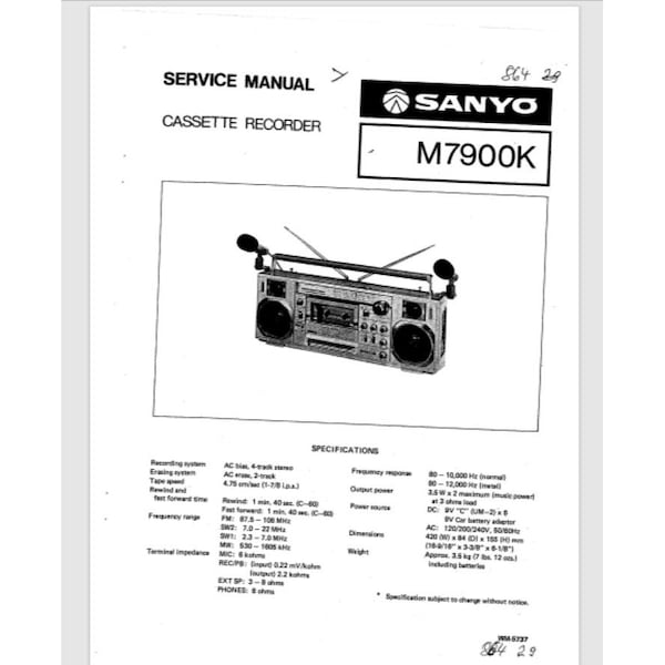 Sanyo m7900k boombox Service manual 23pg. Comb Bound Gloss Covers