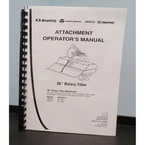 Op de afbeelding: Zwart-witte illustratie van een 91,4 cm brede roterende freesbevestiging voor Simplicity, Massey Ferguson, AGCO en Snapper tuintrekker. De handleiding bevat instructies voor gebruik met Conquest/1700/2700, Prestige/1800/2000 en Snapper YT400 en GT500 Series tuintrekker. Het handleidingdeelnummer is 1723861.