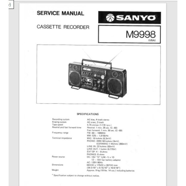 Sanyo m9998 service manual boombox 43 pgs. Comb Bound Gloss Covers 1979