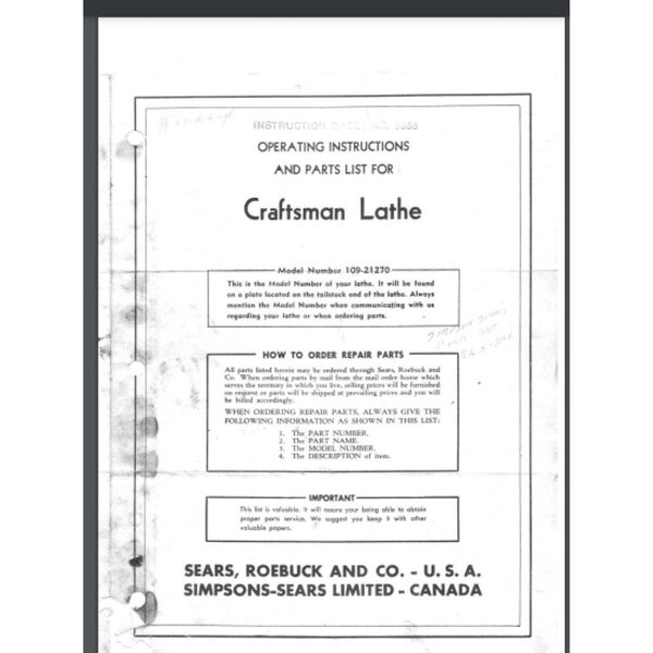 CRAFTSMAN-Dunlap 6" Metal Lathe 109.21270 Operator & Parts Manual 13 pages Bound