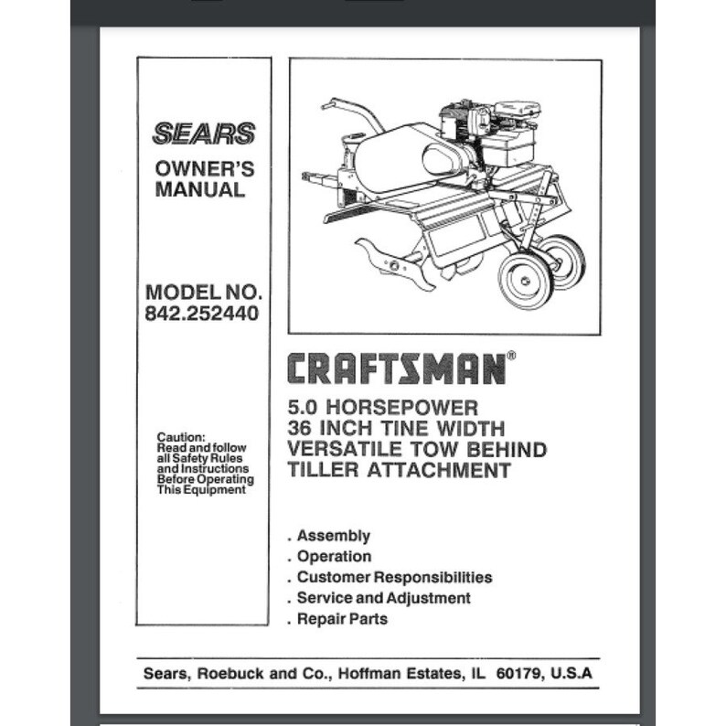 Sears Craftsman Tow Behind Tiller 5 Horse 842.252440 Owners Manual 30