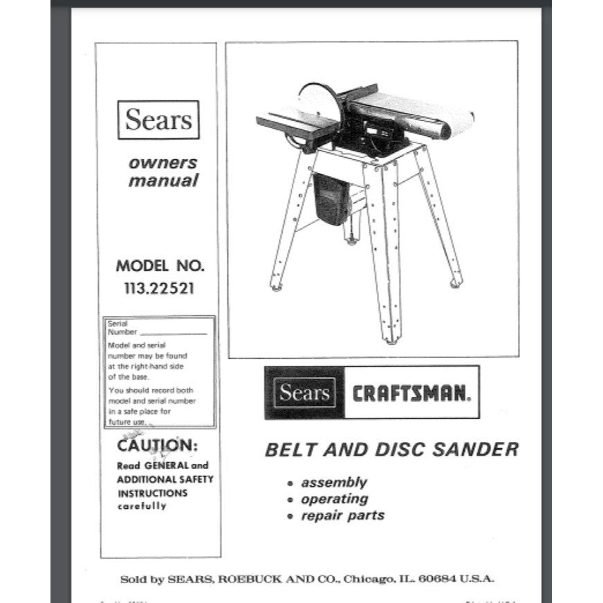 Craftsman 6 INCH Belt and Disc Sander 113.22520 Operation & Parts ...