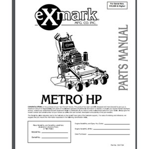 May include: Black and white parts manual for an Exmark Metro HP lawn mower. The manual includes a diagram of the mower and instructions for ordering parts. The manual is for serial numbers 510,000 and higher.