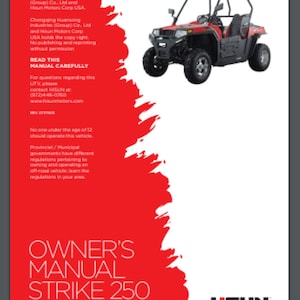 Könnte beinhalten: Bedienungsanleitung für das Hisun Strike 250 Geländefahrzeug. Das Handbuch hat einen roten Hintergrund mit weißem Text. Das Cover zeigt ein rotes und schwarzes Geländefahrzeug mit einem Überrollkäfig.
