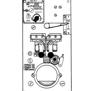 May include: A black and white line drawing of a DBW-15 welding machine. The machine has a control panel with a dial, a lever, and a series of switches. The machine also has a large round opening with a small lever on the side.