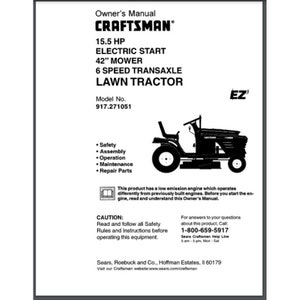 May include: Black and white illustration of a Craftsman lawn tractor with a 15.5 HP electric start, 42-inch mower, 6-speed transaxle. The model number is 917.271051. The text "EZ" is in the upper right corner of the image.