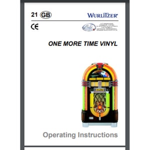 Peut inclure: Instructions d'utilisation pour un juke-box Wurlitzer One More Time Vinyl. Le juke-box est rouge, jaune et vert avec une base noire. Il a une grande fenêtre ronde à l'avant.