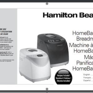 May include: A black and white bread maker with a digital display. The bread maker is labeled "HomeBaker" and is made by Hamilton Beach. The image also includes a close-up of the bread maker's control panel.