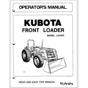 Puede incluir: Manual del operador para un cargador frontal Kubota, modelo LA1002. El manual presenta una ilustración en blanco y negro del tractor con un cargador frontal. También se incluye el texto "Lea y guarde este manual".