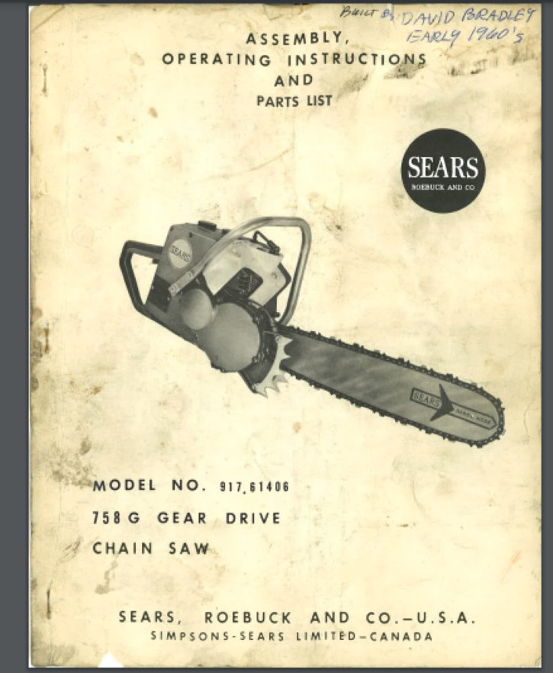 David Bradley Sears 758 G Chain Saw Gear Drive Owner & Parts Manual 917 ...
