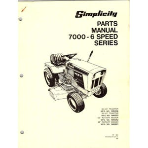 May include: A Simplicity Parts Manual for the 7000-6 Speed Series. The cover features a line drawing of a small tractor. The manual includes information for a 10 HP and 16 HP tractor, and 42" and 48" rotary mowers.