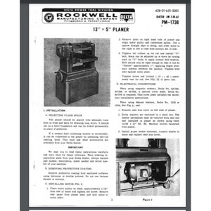 Puede incluir: Un manual de instrucciones en blanco y negro para una cepilladora Rockwell Delta de 13" x 5". El manual incluye instrucciones de instalación, conexiones eléctricas y eliminación del revestimiento protector. El manual también incluye un diagrama de la cepilladora.