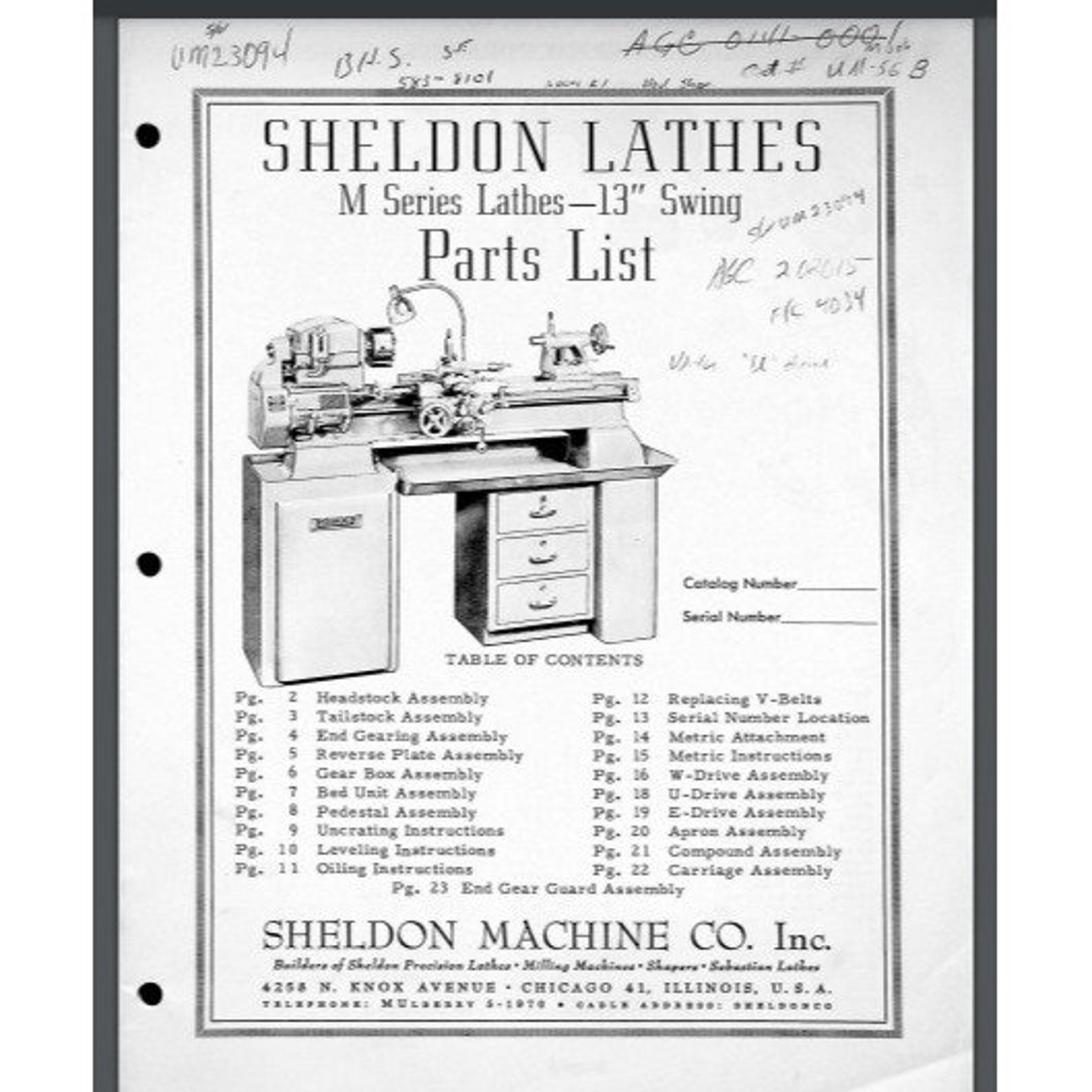 Sheldon 13 Swing Lathe Parts List & Numbers Comb Bound Gloss Cover 24