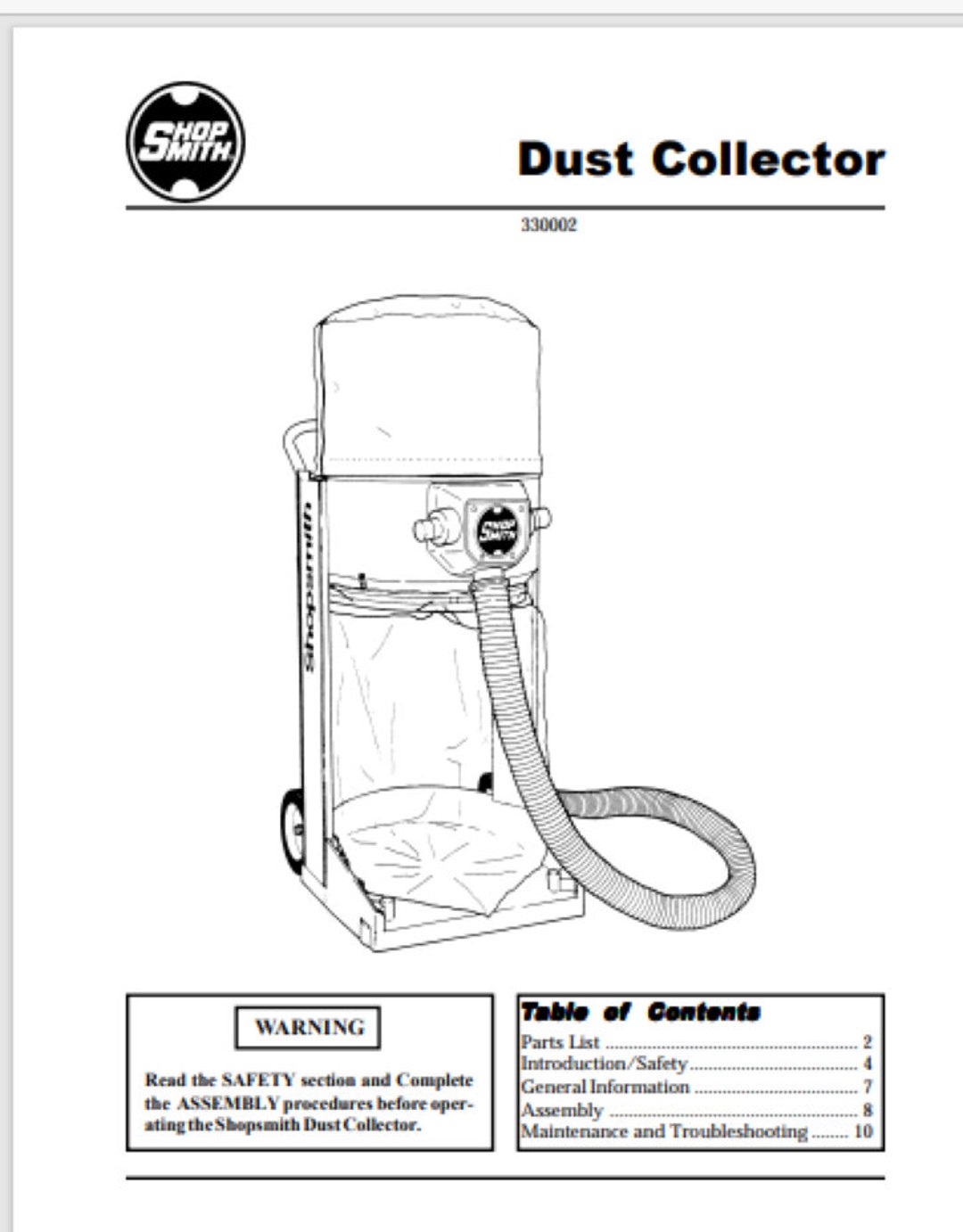 Shopsmith Dust Collector Owner & Parts Manual 330002 12 Pages Comb