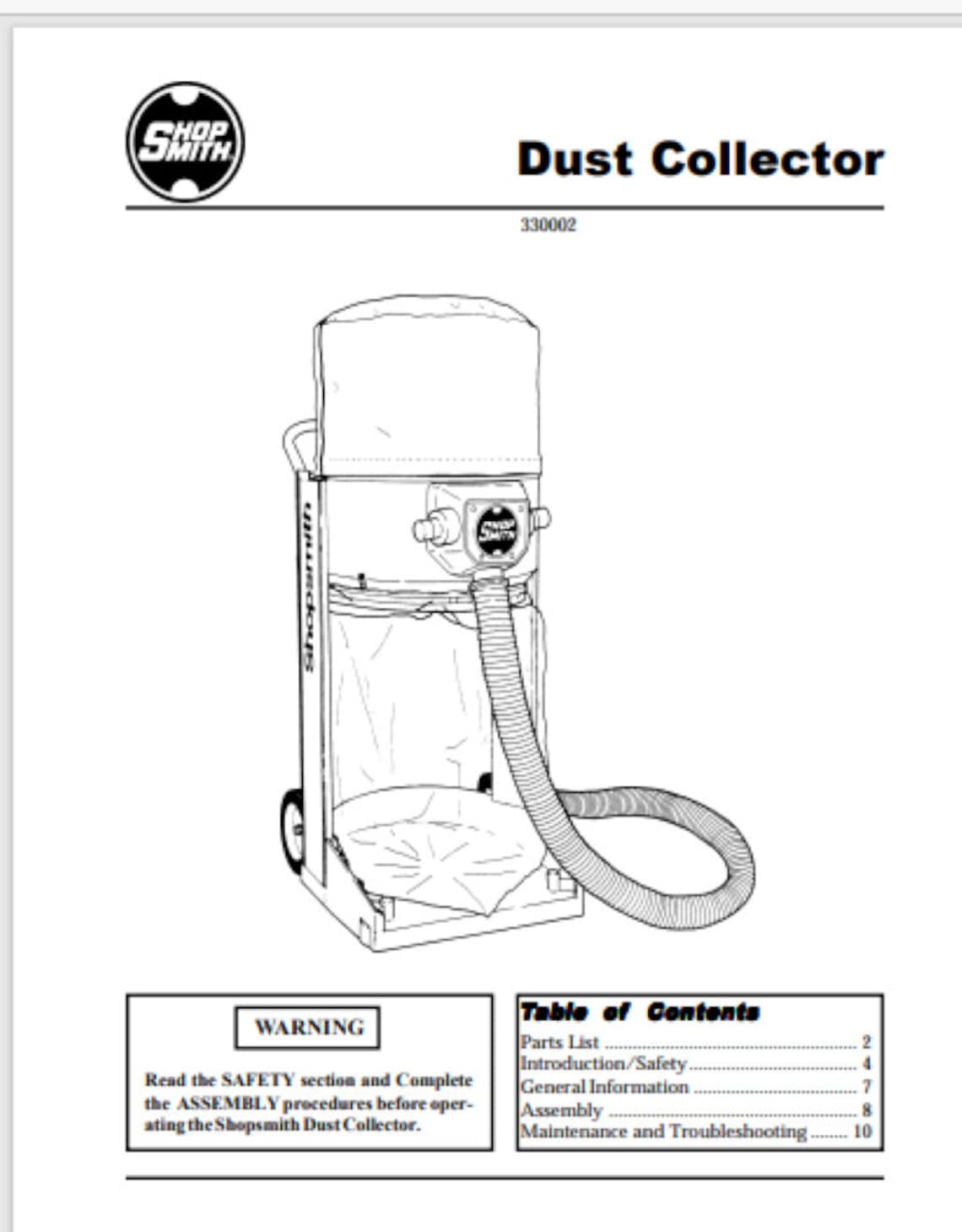 Shopsmith Dust Collector Owner & Parts Manual 330002 12 Pages Comb