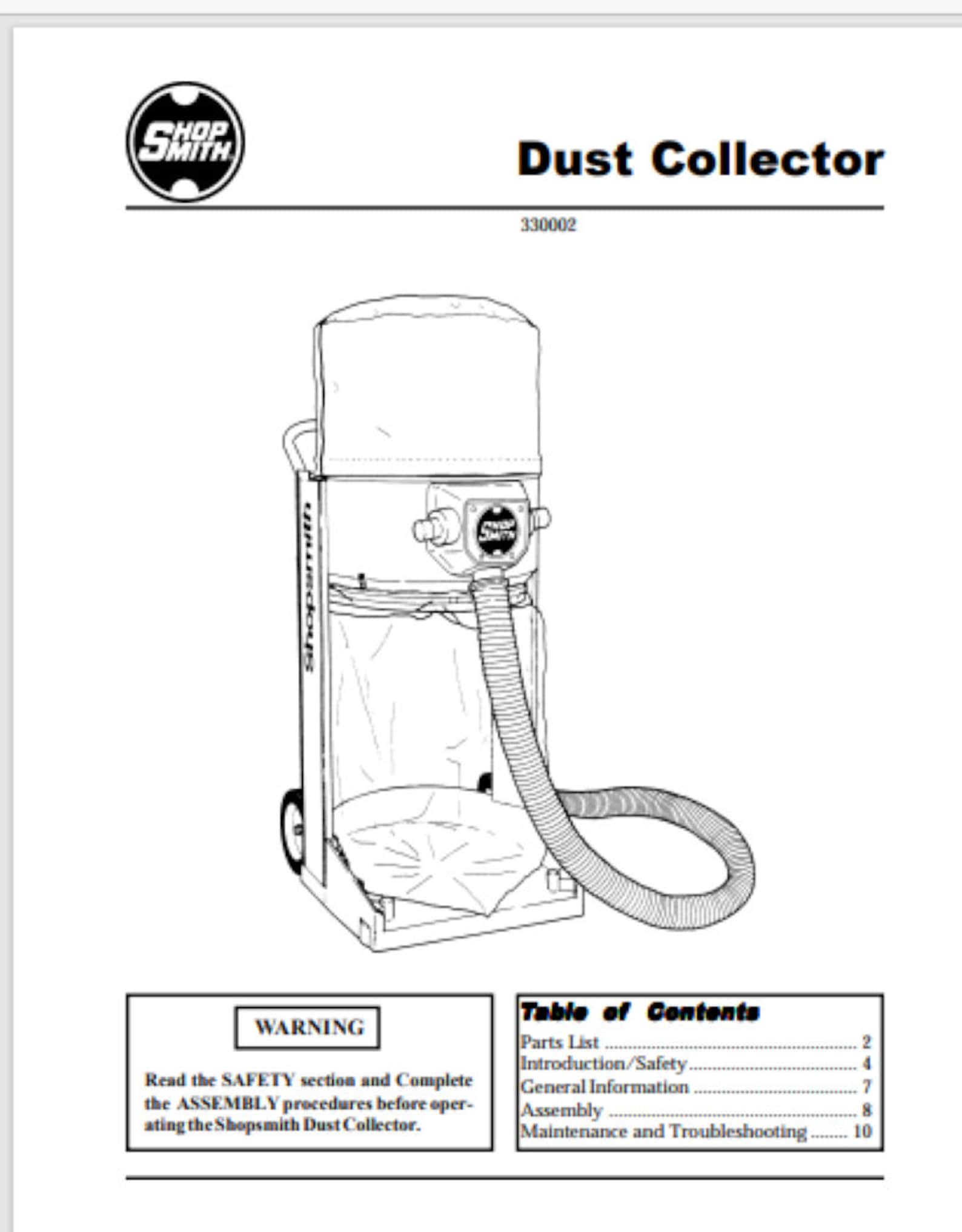 Shopsmith Dust Collector Owner & Parts Manual 330002 12 Pages Comb