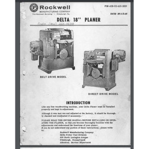 Puede incluir: Imagen en blanco y negro de dos cepilladoras Delta 18", una con accionamiento por correa y la otra con accionamiento directo. La imagen incluye el logotipo de Rockwell Manufacturing Company y el texto "Parts (800) 223-7278".