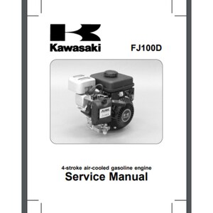 Pode incluir: Manual de serviço do motor a gasolina Kawasaki FJ100D de 4 tempos refrigerado a ar. A capa apresenta uma foto do motor.