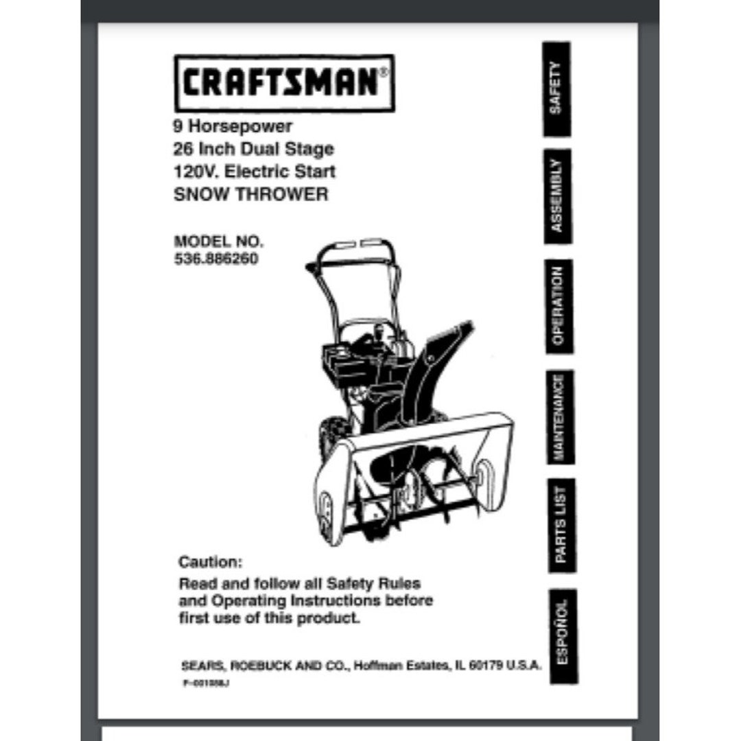 Craftsman 26 SNOW Blower THROWER 536.886260 Owner & Parts Manual 54