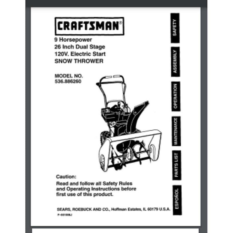 Craftsman 26" SNOW Blower THROWER 536.886260 Owner & Parts Manual 54 ...