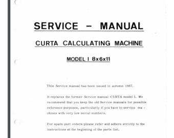Curta Type 1 Mechanical Calculator Service parts Manual 59 pages pub. 1967