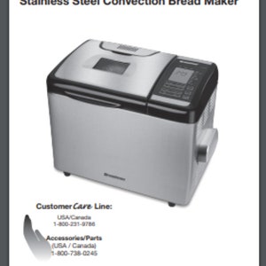 May include: A stainless steel Breadman convection bread maker. The appliance has a rectangular shape with a digital display and control panel. The model number TR2700 is visible. The image also includes customer service contact information.