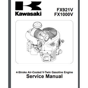 Pode incluir: Um desenho a preto e branco de um motor a gasolina Kawasaki FX921V e FX1000V de 4 tempos arrefecido a ar com V-twin. A imagem é de um manual de serviço.