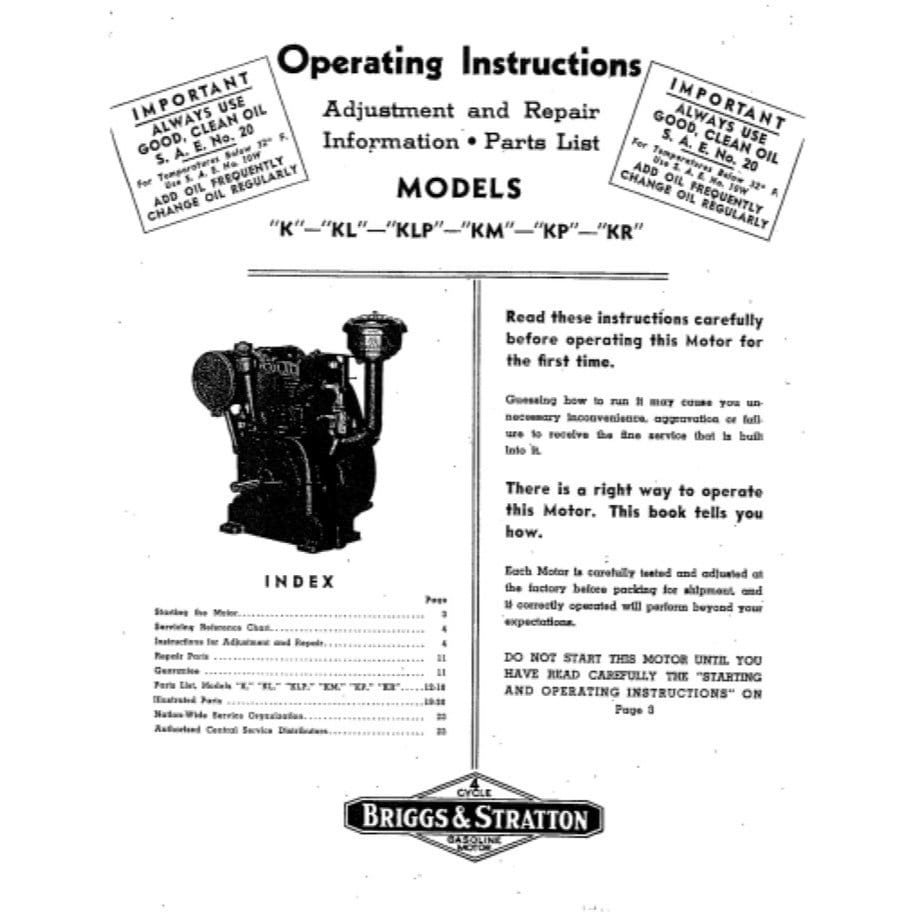 Briggs Stratton model K Kl Klp Km Kp Kr Engine Owner, Parts & Service Repair Manual 25 Pages