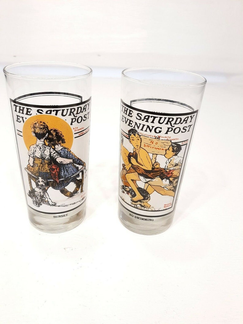 Arby/'s Saturday Evening Post Glasses 1987 Collectible Sunset /& No Swimming lot 2