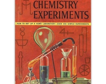 May include: Vintage book cover titled "The Golden Book of Chemistry Experiments" with illustrations of lab equipment. The cover is red with white and black text and features a home laboratory setup with beakers and a Bunsen burner.