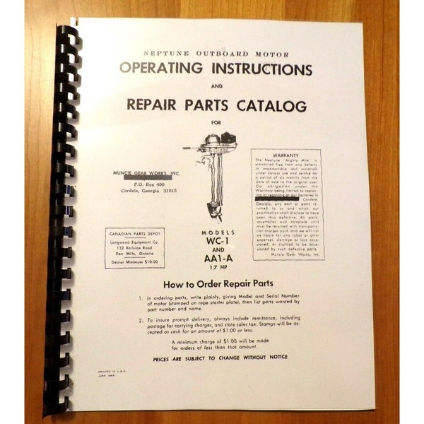 NEPTUNE MIGHTY Mite WC-1 & AA1-A outboard Manual Instructions Parts            