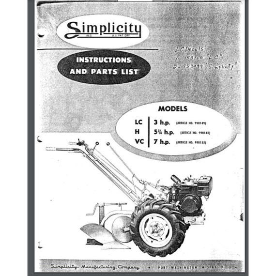 Buy Simplicity VC LC H Walk behind Garden Tractor Owner Parts