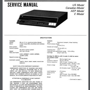 Może przedstawiać: Czarno-biała instrukcja serwisowa dla systemu gramofonowego stereo PS-FL770 firmy Sony. Instrukcja zawiera specyfikacje gramofonu, w tym typ ramienia, system napędu, prędkość i stosunek sygnału do szumu.