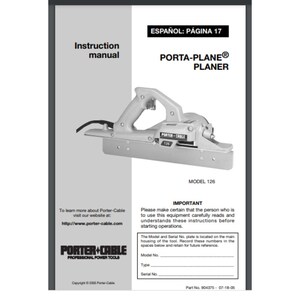 Puede incluir: Manual de instrucciones en blanco y negro para una cepilladora Porta-Plane de Porter-Cable, modelo 126. El manual incluye una foto de la cepilladora y las instrucciones de uso. El texto de la página está en español.