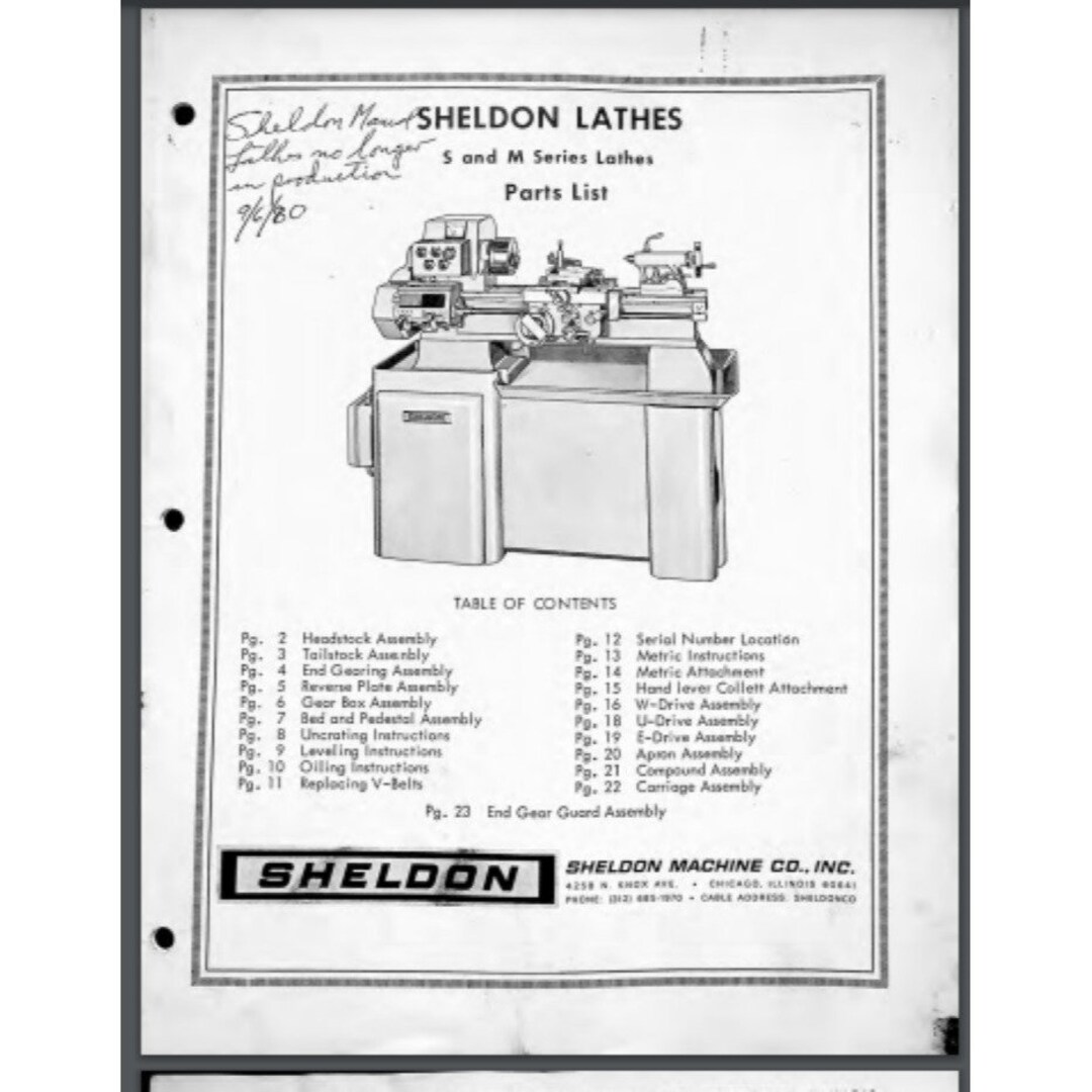 Sheldon S and M Series Lathes Parts List Comb Bound Gloss Cover 24