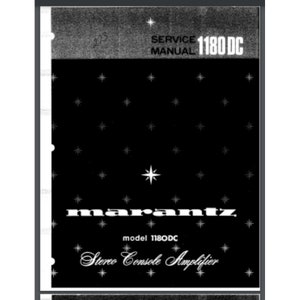 以下が含まれることがあります： マランツ 1180DC ステレオコンソールアンプの白黒のサービスマニュアルカバー。カバーには星形のパターンとマランツのロゴが描かれています。