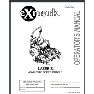May include: Black and white line drawing of a lawn mower with the text "LAZER Z" and "ADVANTAGE SERIES MODELS" on the page. The text "OPERATOR'S MANUAL" is on the right side of the page.