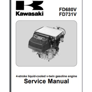 Pode incluir: Manual de serviço em preto e branco para um motor Kawasaki FD680V e FD731V de 4 tempos refrigerado a líquido bicilíndrico em V a gasolina. O manual mostra um close-up do motor.