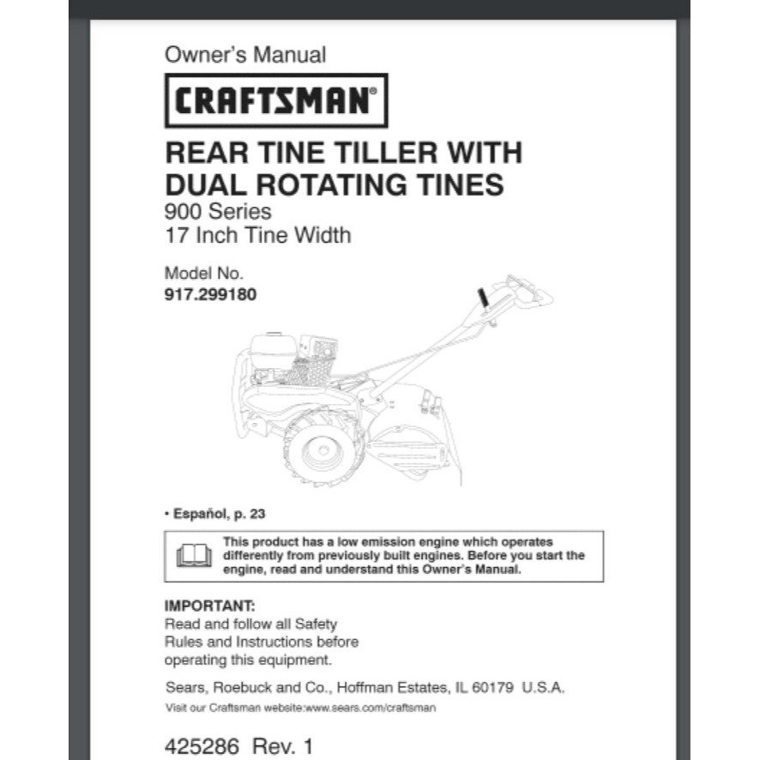 Craftsman Garden TILLER Model 917.299180 Owner's & Parts List Manual