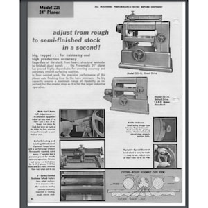 Puede incluir: Anuncio en blanco y negro de una cepilladora Powermatic Modelo 225 de 24 pulgadas. El anuncio presenta imágenes de la máquina, destacando sus características. El texto enfatiza su ajuste rápido de material en bruto a semiacabado.