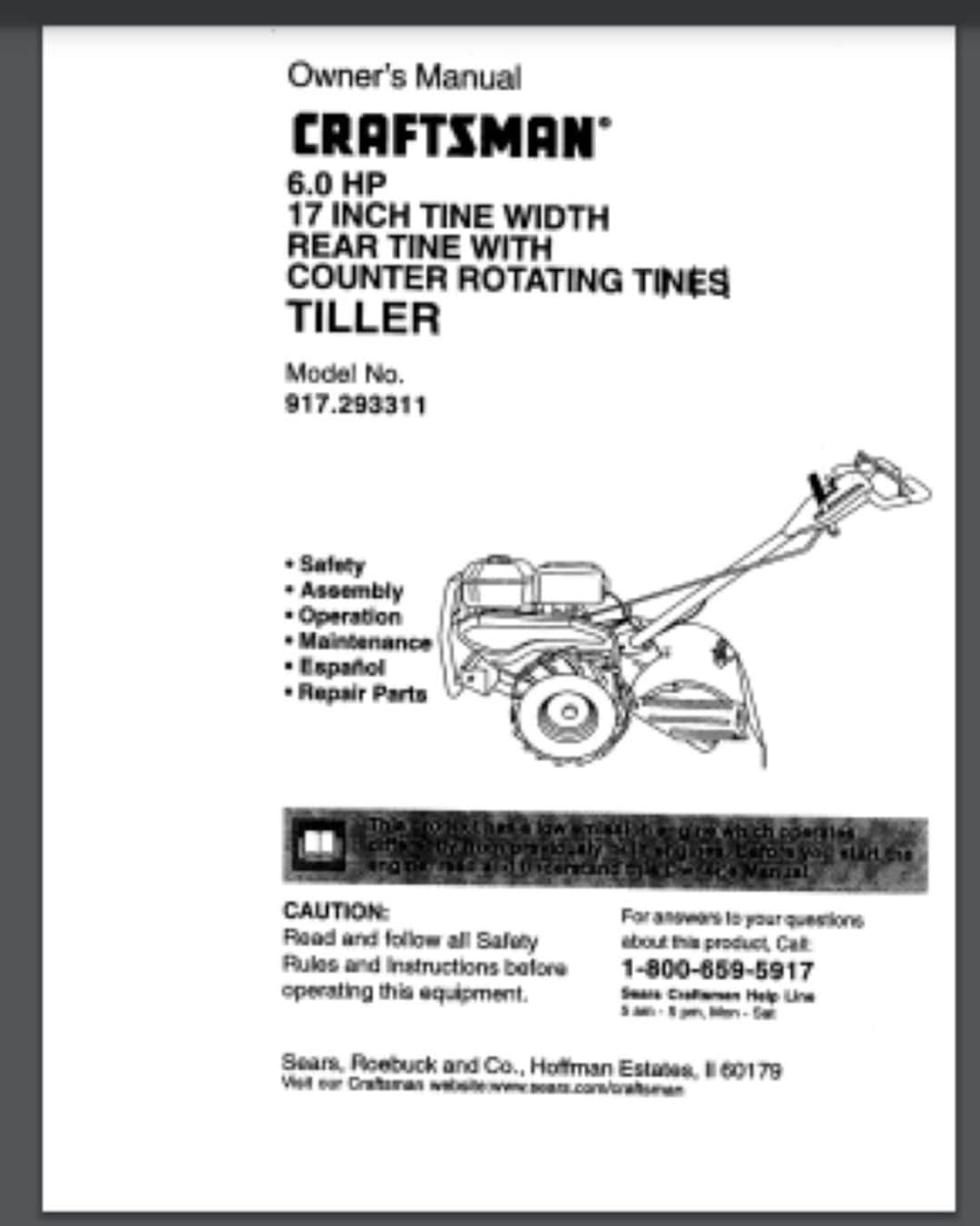 Craftsman Garden TILLER Model 917.293311 Owner