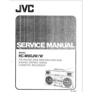 May include: Black and white service manual for a JVC RC-M90JW/W 8-band stereo radio cassette recorder. The manual has the model number and a description of the product.