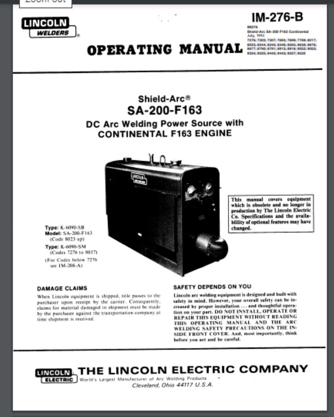 Lincoln SA-200 F163 Continental Engine Welder Owner Parts Manual 1993