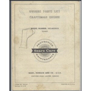 Pode incluir: Lista de peças de reposição em preto e branco para um motor Craftsman, número do modelo 143.602022, 12 cavalos de potência. O documento inclui o texto "Protective Maintenance Sears Care".