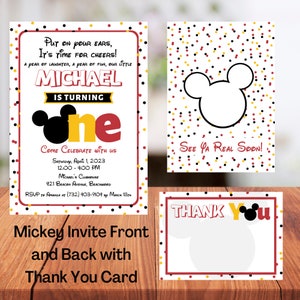 Mickey Mouse First Birthday Invitation Bundle - Personalized Invitation, Thank You Card