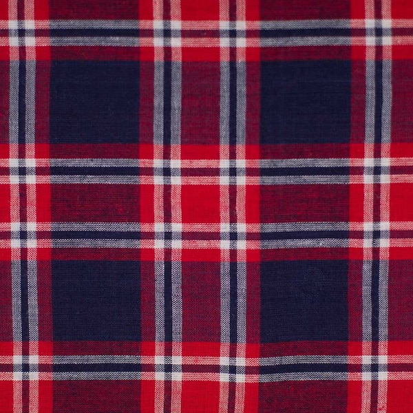 Navy, Red, White Hudson Bay Plaid Madras Shirting Fabric