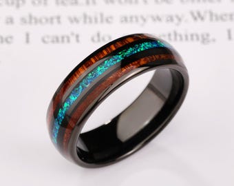 Bague en tungstène en bois de koa, bague incrustée d'opale verte bleue, alliance pour homme noire, tungstène bombé en bois de koa hawaïen, bague de fiançailles, cadeau d'anniversaire