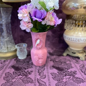 Custom Hand Painted Glass Flower Vase with Dusty Rose Chalk Paint and Roses and White Bird Design, Vintage Inspired Vase, Customized Vessel