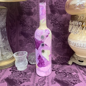 Purple Patchwork Decorative Glass Bottle, Wine Bottle, Hand Painted Flower Vase, Upcycled Vase, Unique Home Decor, Artistic Glassware